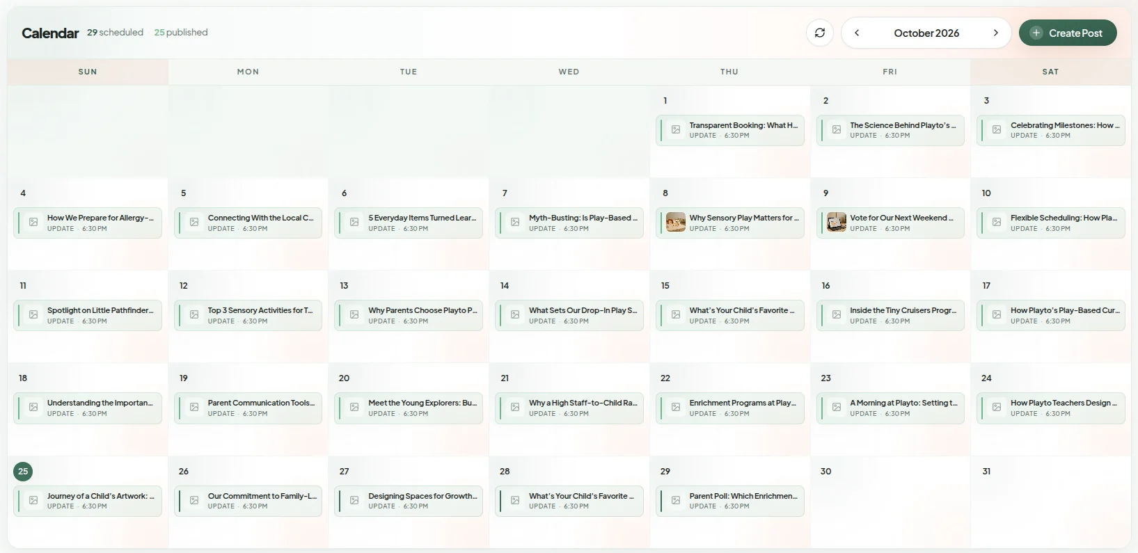 SlashPost calendar with a Google Business Profile post scheduled for every day of the month