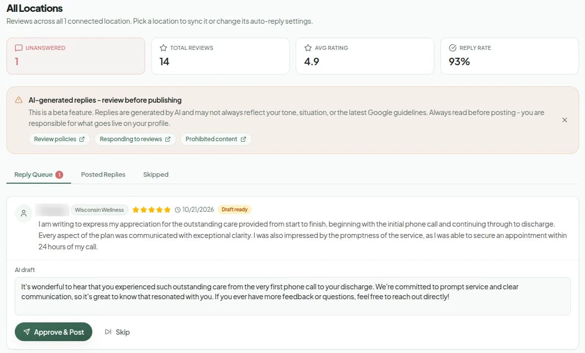 SlashPost review reply queue with an AI-drafted reply waiting for approval