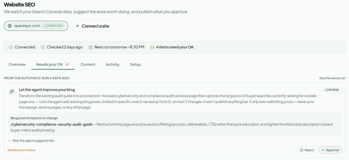 A Website SEO proposal waiting for approval, with the pages it expects to change